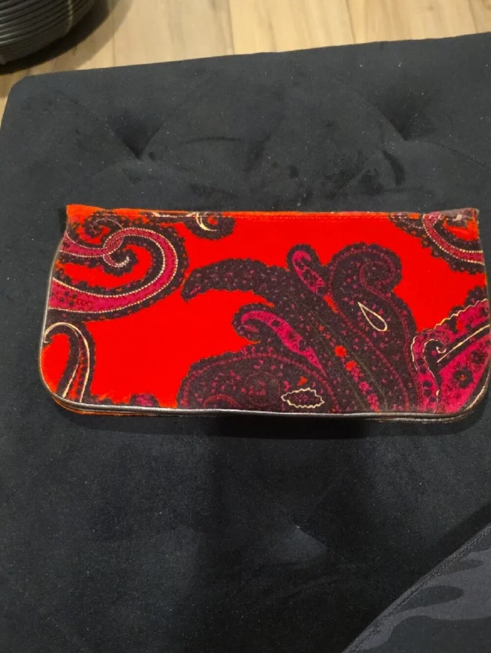 Red Paisley Velvet Clutch with Pink Accents and Gold Closure